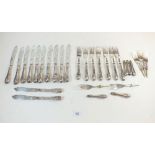 A silver handled fish cutlery set with engraved and embossed decoration, some forks a/f -