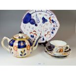 A quantity of Gaudy Welsh china including a set of ten cups and saucers, six cups, teapot, cake
