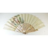 A 19th century mother of pearl fan with painted rococo style decoration, boxed by Geslin, 20 Passage