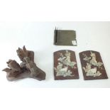 A carved wooden group of three Chinese lions and two Japanese mother of pearl applied small panels