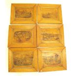 A set of six 19th century hunting prints in birds eye maple frames, (outer frame dimensions) 44 x