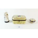 Two French porcelain floral painted trinket boxes and a Royal Worcester Nun candle snuffer chipped