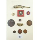 A box of medals, HMS Victory copper coins, Bosun's whistle etc