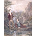 A fine Victorian watercolour of two boys fishing in a river, 61 x 49cm