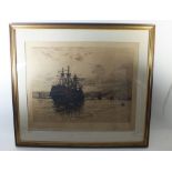 E Holland - etching of a galleon 33 x 44cm