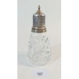 A cut glass and silver mounted sugar caster