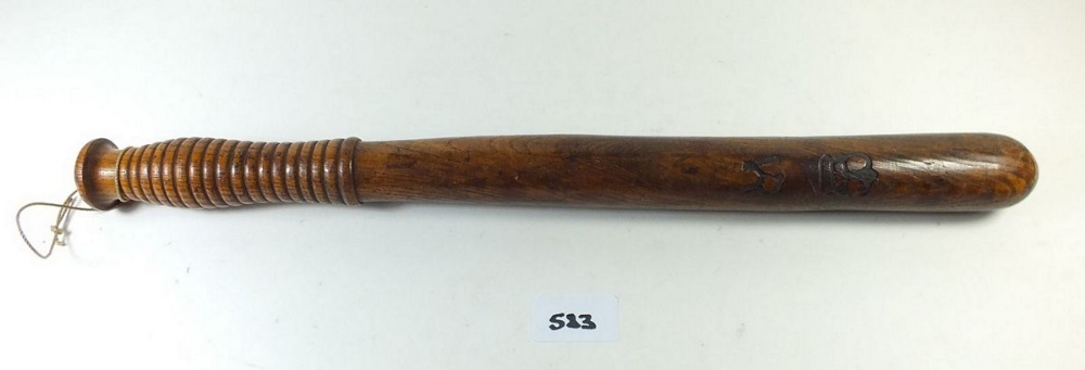 A Victorian hardwood turned police truncheon , heat branded 'VR and Crown' to club and marked Reld