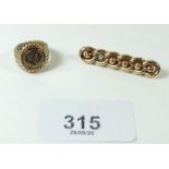 A 9ct gold chain bar brooch and a 9 ct gold coin ring - 4 grams.
