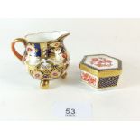 A Royal Crown Derby Imari small cream jug and octagonal trinket box