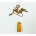 An amber pendant on a 9ct gold chain
