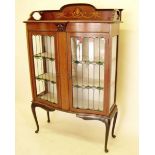 An Edwardian mahogany display cabinet with marquetry decoration, the two doors with green and