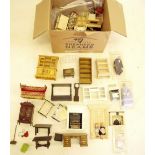 A box of vintage and later dolls house furniture