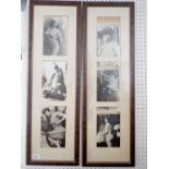 Two sets of three erotic photographs of women framed, each 12 x 19cm