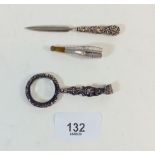 A silver plated miniature chatelaine magnifying glass, silver cheroot holder and a silver