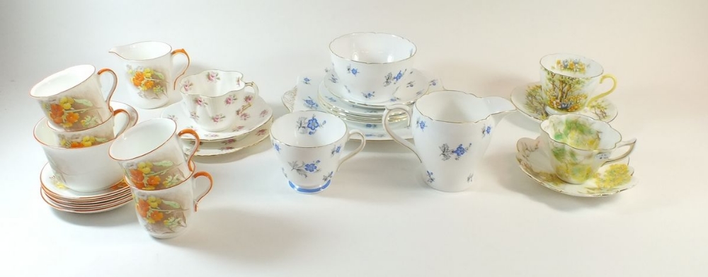 A group of Shelley tea ware including 'Charm' and 'Daffodil Time' plus a Foley trio