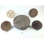 Five 19th century wooden butter stamps and a pastry stamp