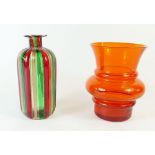 A Scandinavian 1960's orange glass vase in the manner of Riihimaki and an Italian Murano