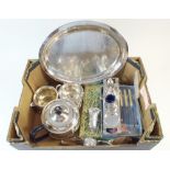 A silver plated tea service, various cutlery, a cruet set and fish cutlery set etc