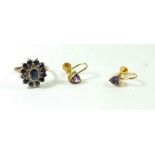 A pair of 9ct gold amethyst earrings and a 9ct gold sapphire cluster ring, one stone deficient