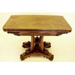 A Victorian rosewood rectangle folding top card table on four swept and reed scroll end supports