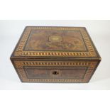 A 19th century walnut work box with parquetry decoration, fitted interior mirror to lid, 29.5cm