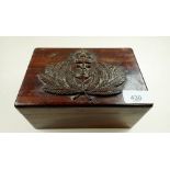 A mid 19th century mahogany box with carved Royal Navy emblem to top, 19cm wide