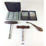 Two vintage piano tuning keys, a Moore and Wright set of precision screwdrivers, another set cased