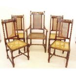 A set of five Jacobean style cane back chairs ( four diners and one carver) with barley twist