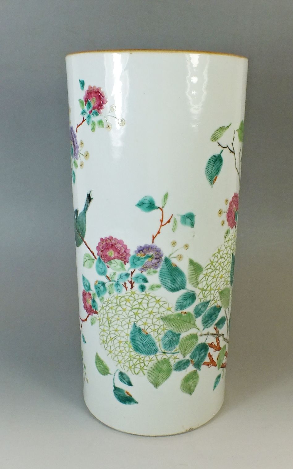 A 19th century Chinese famille rose cylindrical vase painted flowers and birds, - Image 2 of 5