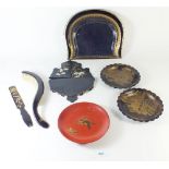A group of collectable's to include tole ware tray, crumb brush, three lacquered plates, lacquer
