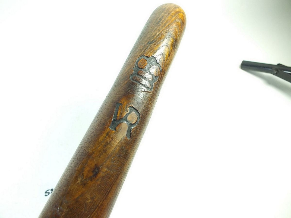 A Victorian hardwood turned police truncheon , heat branded 'VR and Crown' to club and marked Reld - Image 2 of 3
