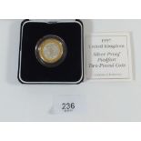 A Royal Mint Issue silver proof Piedfort coin - UK £2 1997 Bime-Tallic Currency issue - in case with