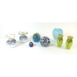 Two glass paperweights, two pairs of enamelled vases, glass vase etc