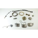 A box of costume jewellery, silver bracelet, silver sovereign case a/f etc.