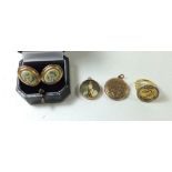 A silver coin ring, two gold plated lockets and a pair of 9 carat floral enamel earrings