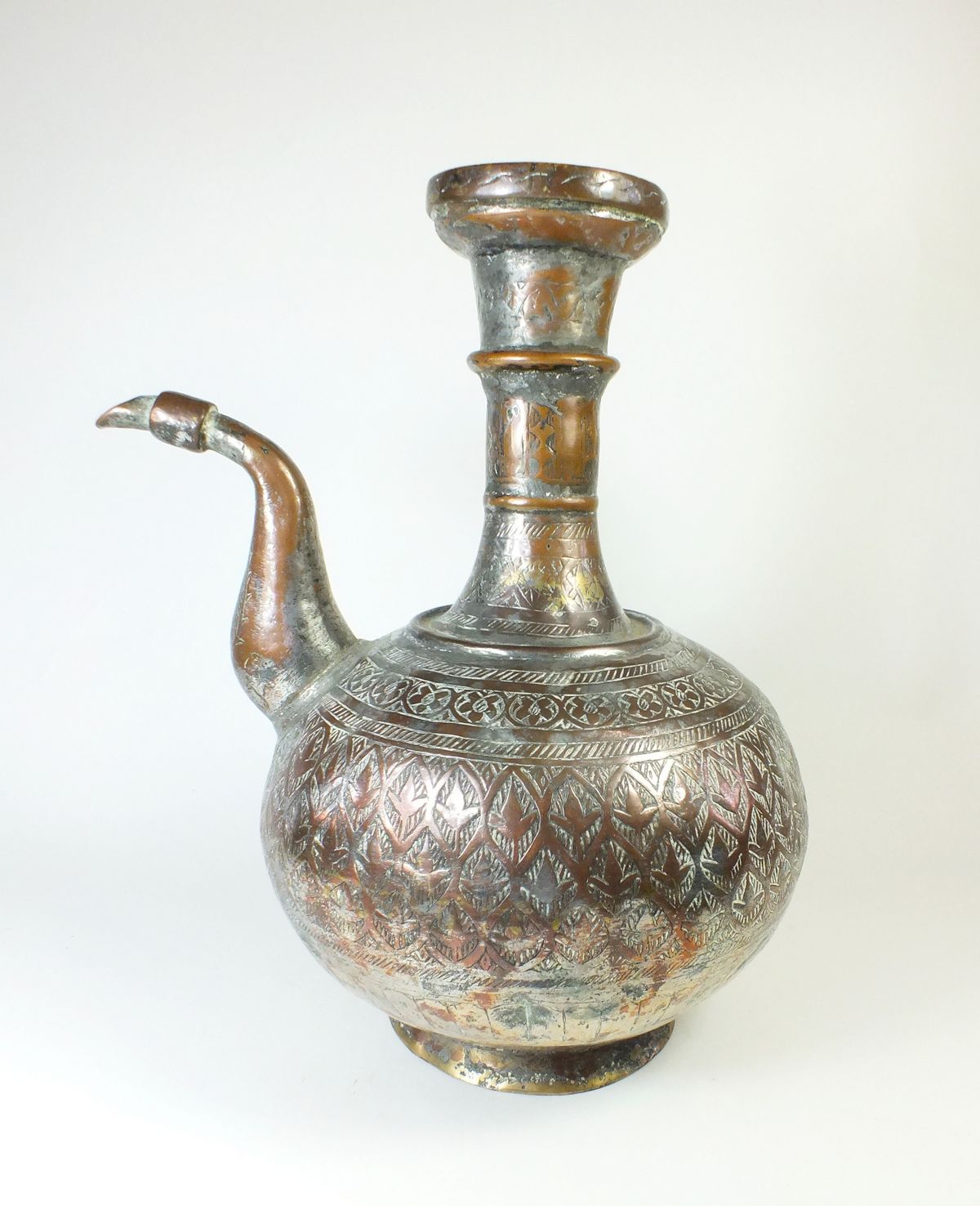A 19th century Persian or Afghan Islamic tinned copper aftaba/water pot, 29cm tall - Image 2 of 2