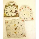 Three painted longcase clock faces - one with movement a/f