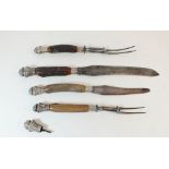 Two pairs of late 19th century/early 20th century meat carvers with horn handles and silver