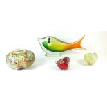 A Murano glass large fish, a spattered cased glass vase and two paperweights