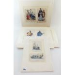 A collection of four mounted sets of two prints of oriental figures and one of boats - unframed