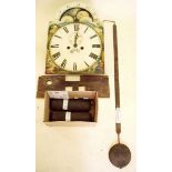 A moon phase painted longcase clock face and movement with weights, pendulum, key and seat etc