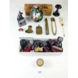 A box of small wooden stamps and various other collectables
