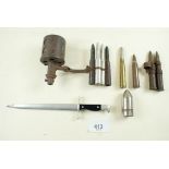 A WWI bullet knife, bayonet letter opener and assorted other items