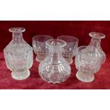 Three 19th century squat cut glass carafes and four facet cut large Victorian tumblers