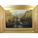 Parsons - 19th century oil on canvas river landscape with bridge, in heavy gilt frame - 50 x 75cm