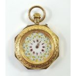An 18 carat gold Swiss fob watch with gilt and enamel decoration to face and all over engraved case,