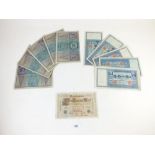 A wad of banknotes including: Imperial 1000 mark 1910 issue 4th April Berlin Nr7680582c, ten 100
