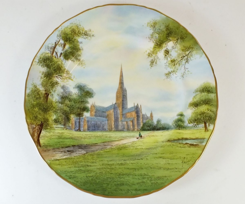 A Royal Worcester plate painted Salisbury cathedral, dated 1959, signed Roberts