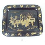A Chinese black and gilt lacquer tray painted figures in a landscape 22 x 34cm