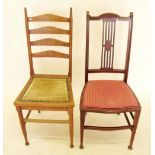 An Edwardian mahogany inlaid bedroom chair and an oak ladder back chair